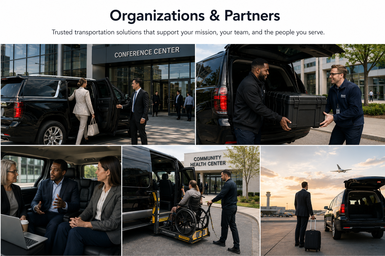 Business travel: Collage showing coordinated transportation for business professionals, organizations and healthcare partners.
