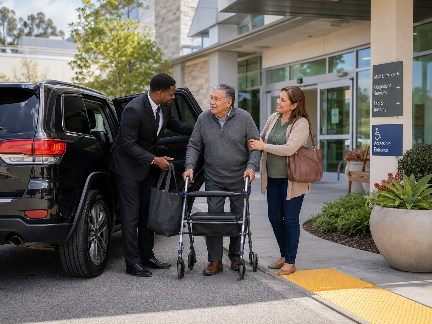 Hospital arrival: Chauffeur assisting a passenger with a walker at a hospital entrance.