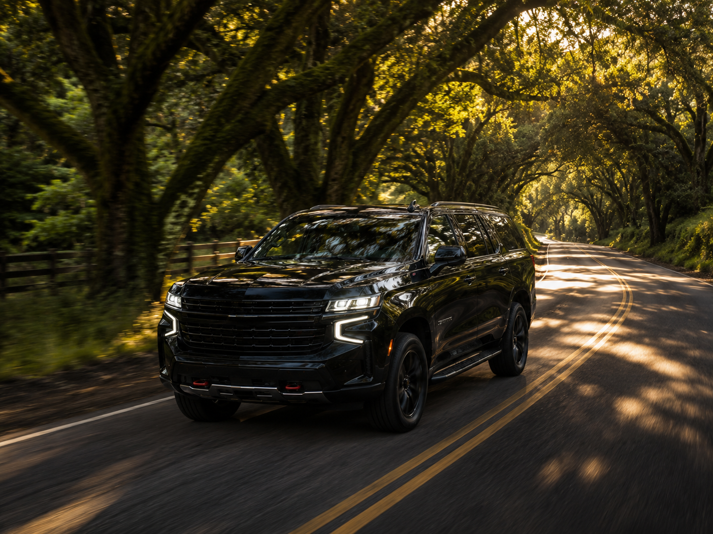 Black SUV traveling along a sunlit road beneath a canopy of trees.