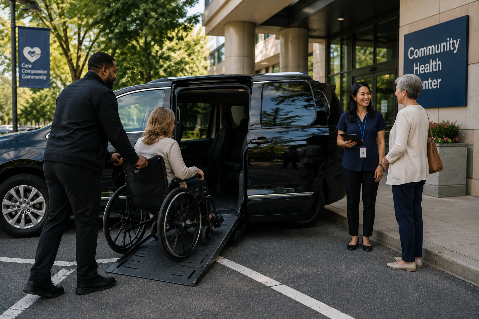 Wheelchair-accessible transportation: Wheelchair passenger receiving assistance into an accessible van outside a community health center.