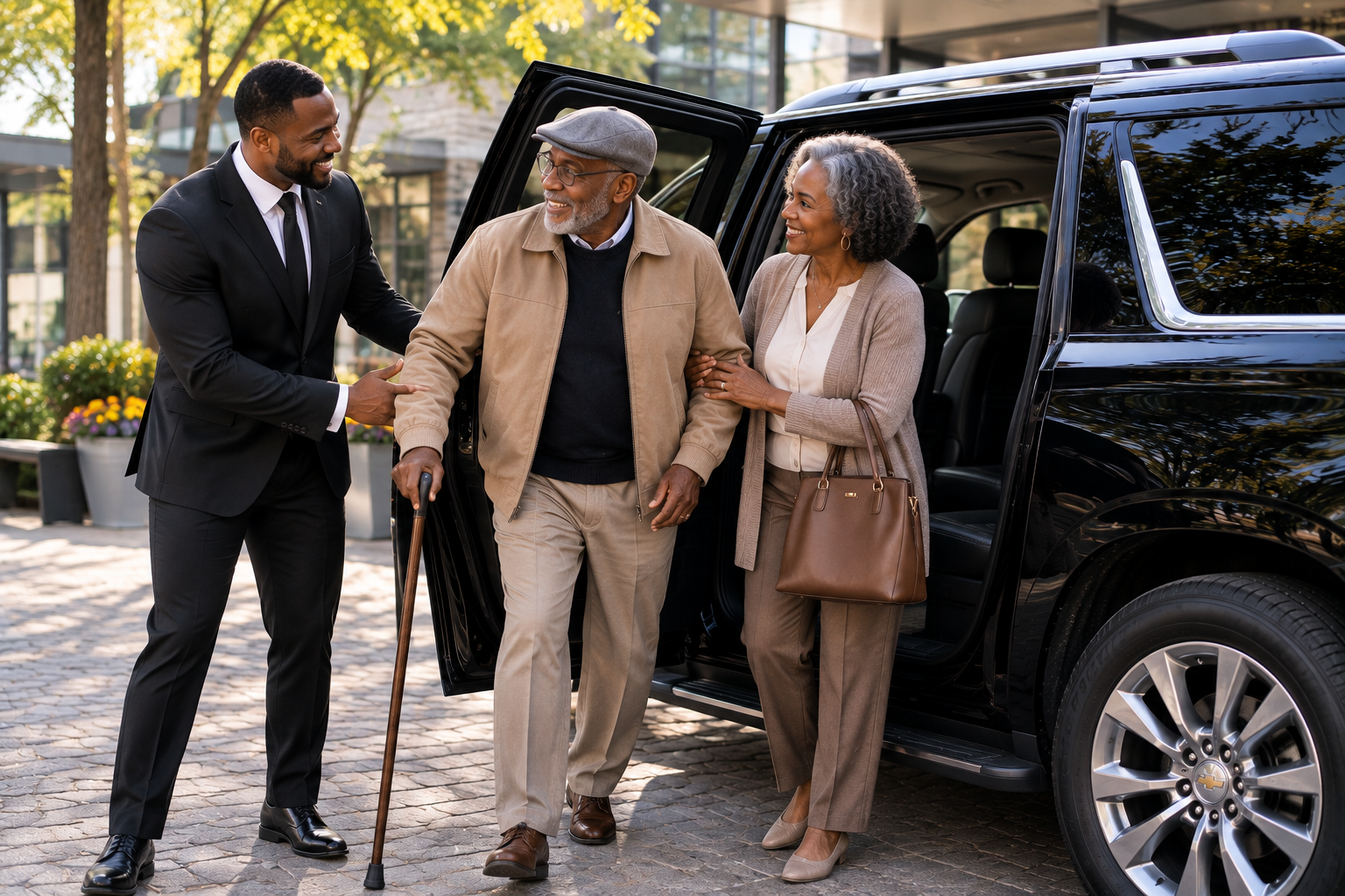 Senior passengers: Chauffeur assisting an older passenger with a cane from a black SUV while his companion waits nearby.