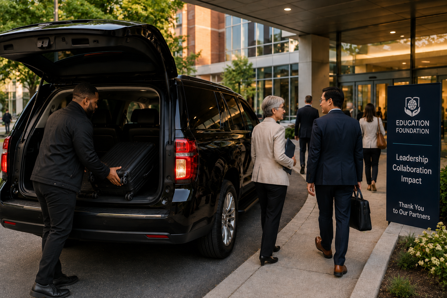 Leadership event: Organization guests arriving by black SUV at a professional leadership event.