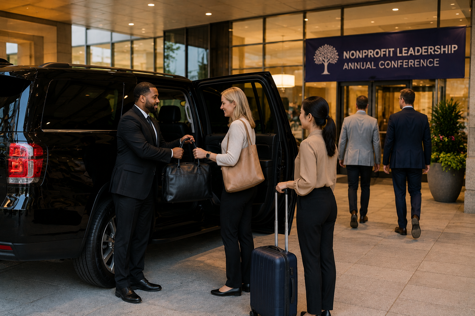 Nonprofit conference: Conference attendees arriving with luggage outside a hotel.