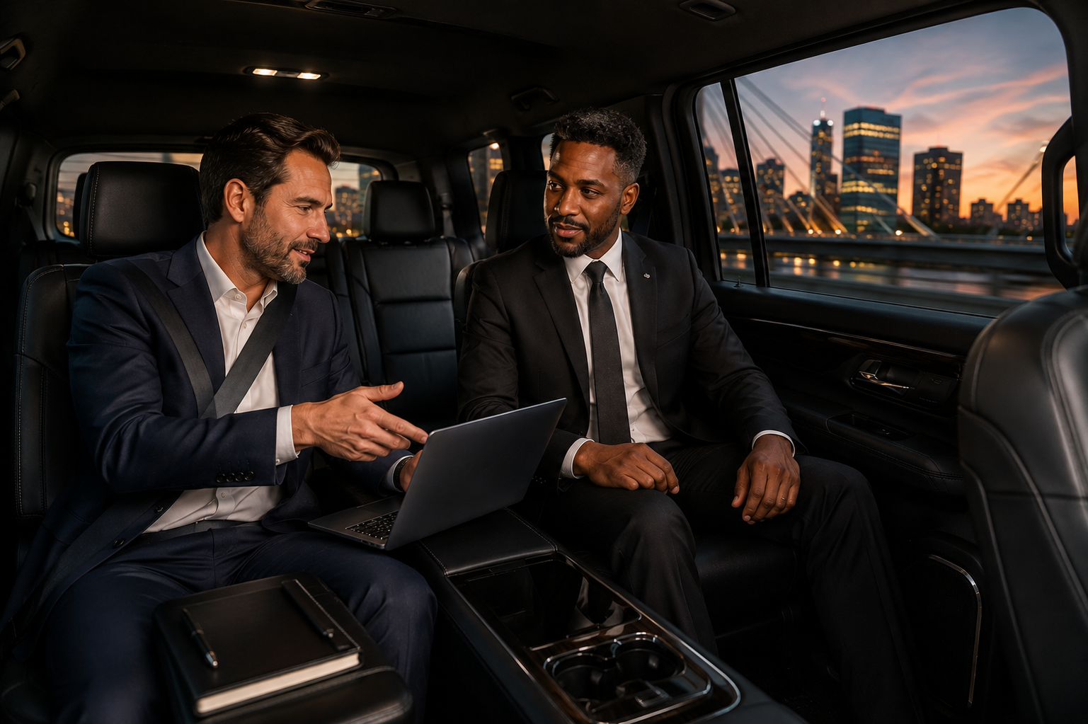 Business travel: Business professionals holding a discussion inside a chauffeured vehicle at sunset.