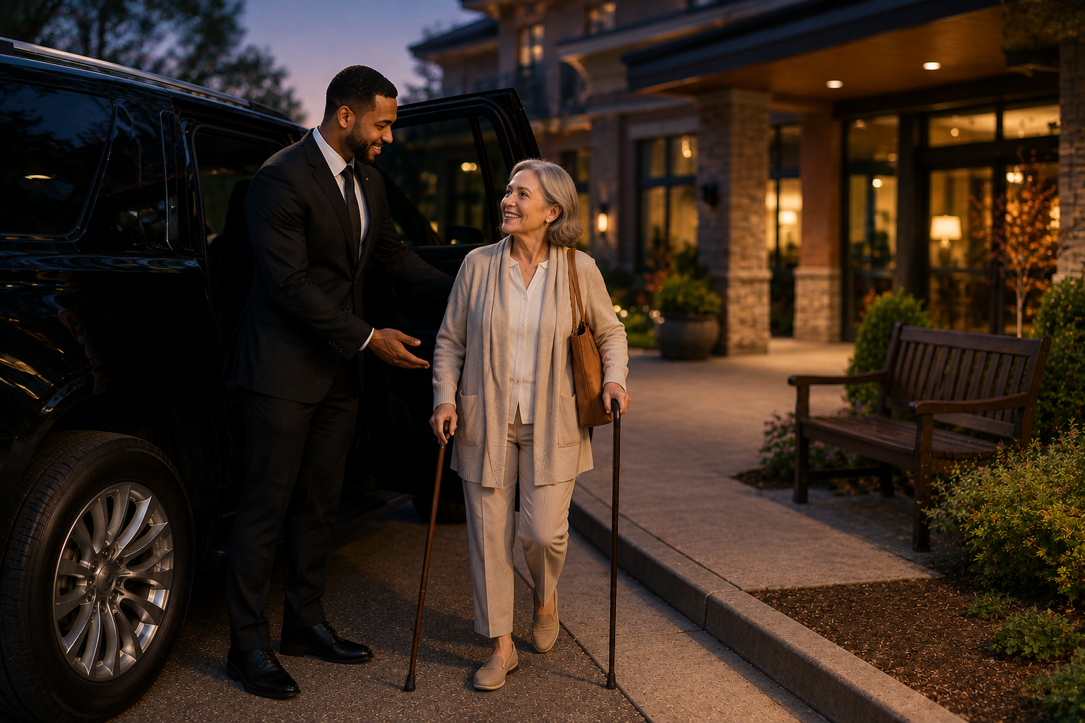 Chauffeur assisting an older passenger with crutches from a black vehicle during an evening arrival.