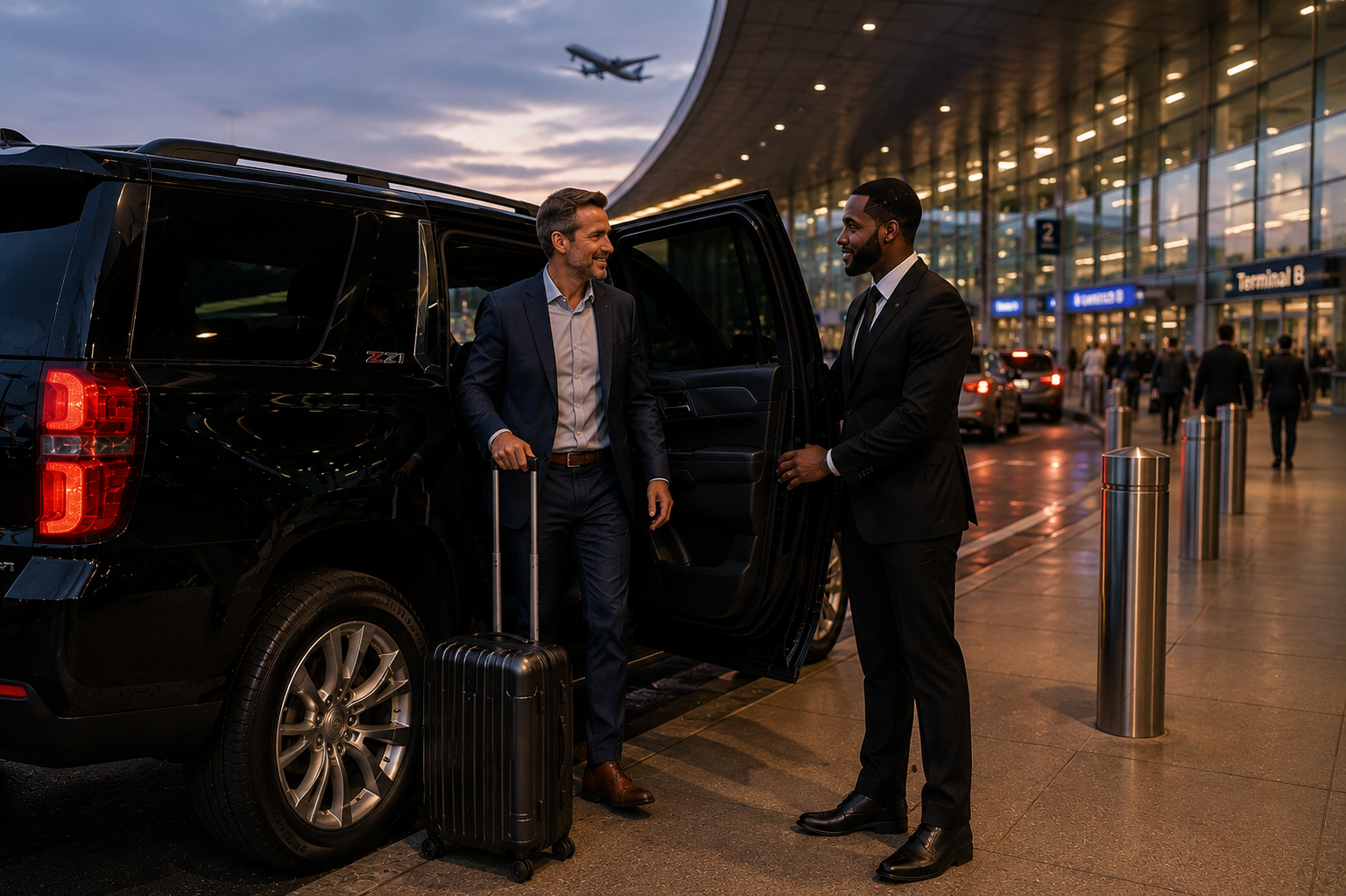 Business airport transportation: Business travelers with luggage beside a private black SUV at the airport at dusk.