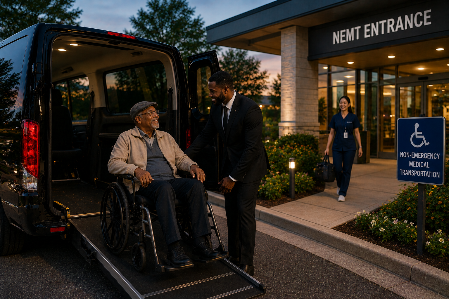 Healthcare transportation: Wheelchair passenger receiving assistance beside a black vehicle outside a healthcare facility.