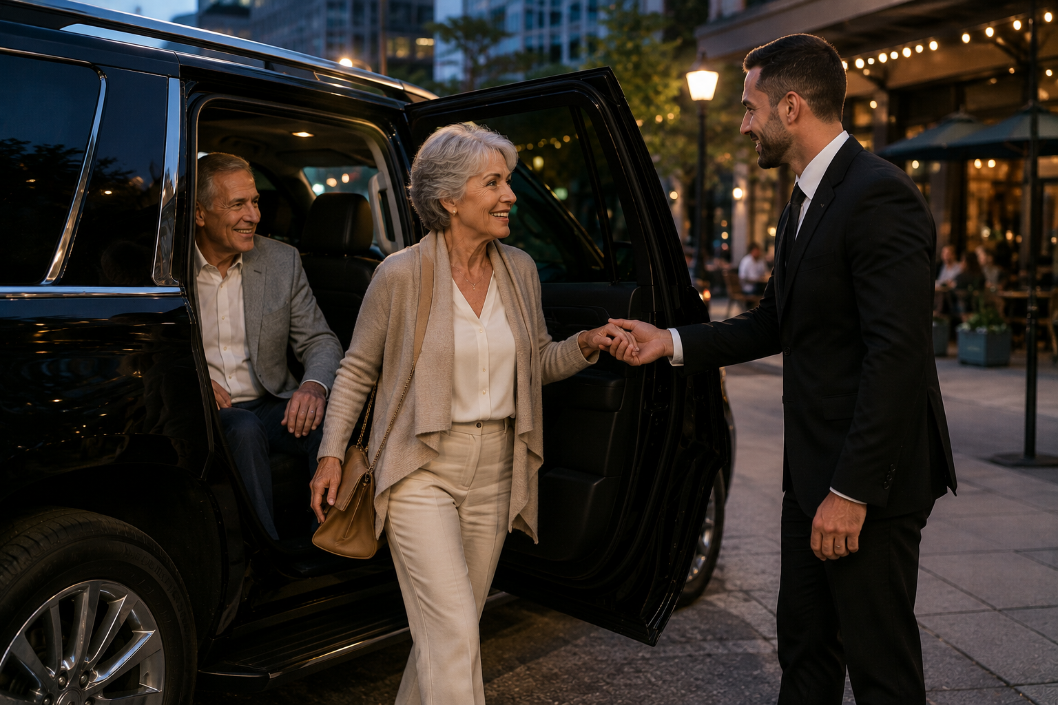 Evening passenger greeting: Passenger greeting her chauffeur beside a black SUV during an evening city arrival.