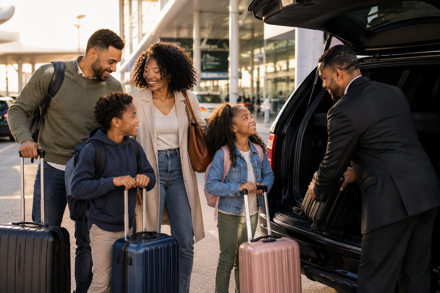 Airport family: Family with luggage greeting their chauffeur at the airport.