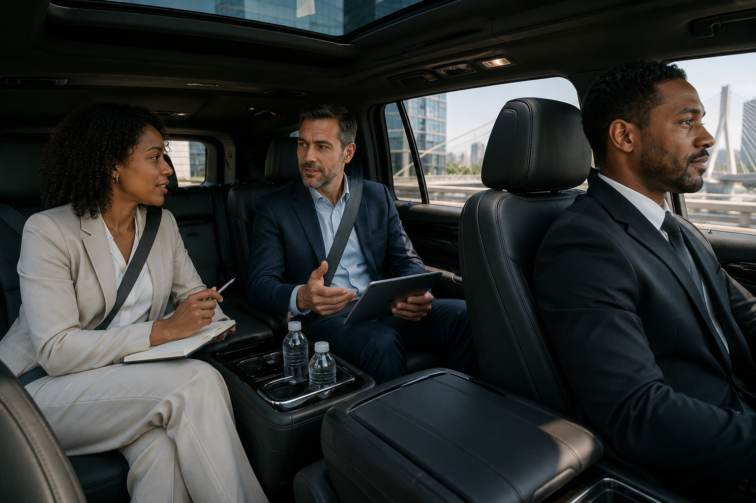 Executive discussion: Business professionals holding a discussion inside a private chauffeured luxury vehicle.