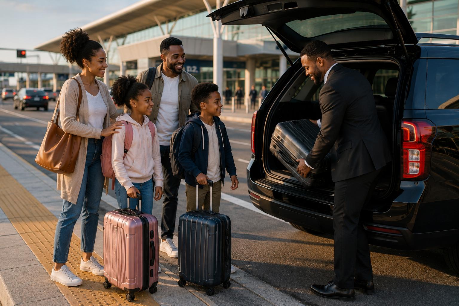 Family at airport: Family receiving luggage assistance beside a private black SUV at the airport.