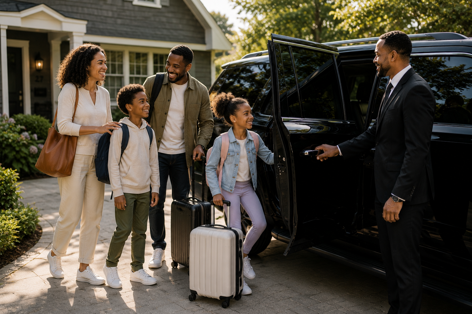 Family pickup: Family with luggage greeting their chauffeur beside a private black SUV at home.