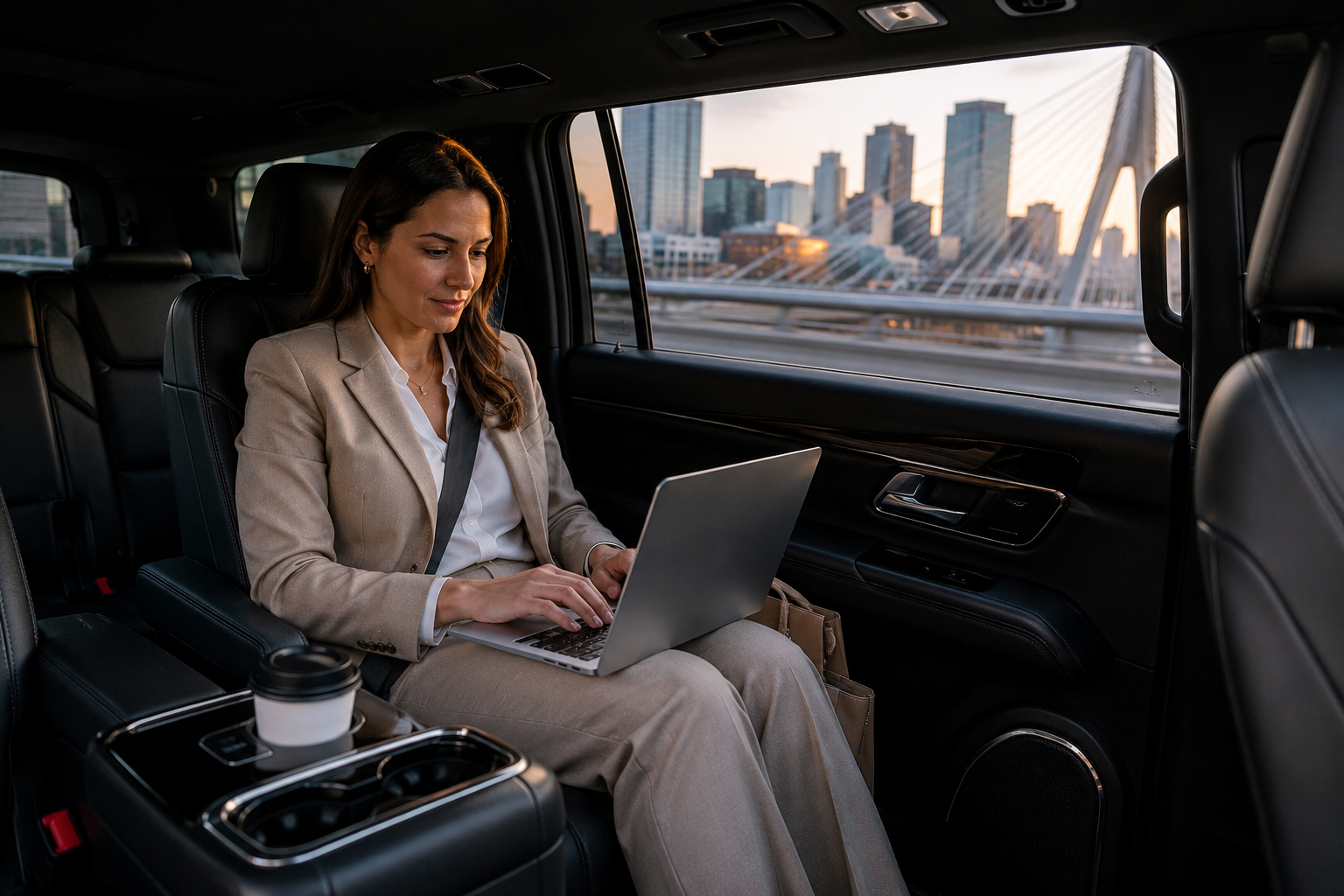 Working during travel: Business traveler working on a laptop in the rear of a chauffeured vehicle overlooking the city.