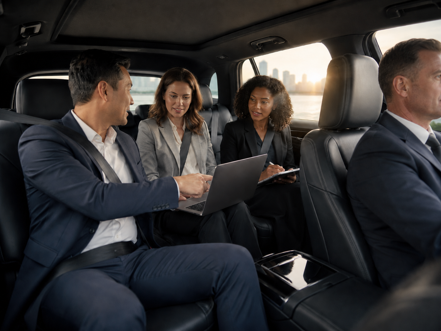 Working during travel: Business professionals working on laptops inside a private chauffeured vehicle.