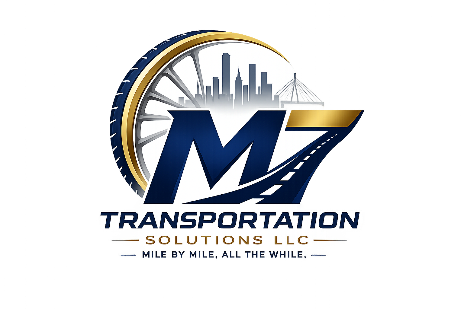 Logo: Mile7 Transportation Solutions LLC, Massachusetts  with a city skyline and a wheel.