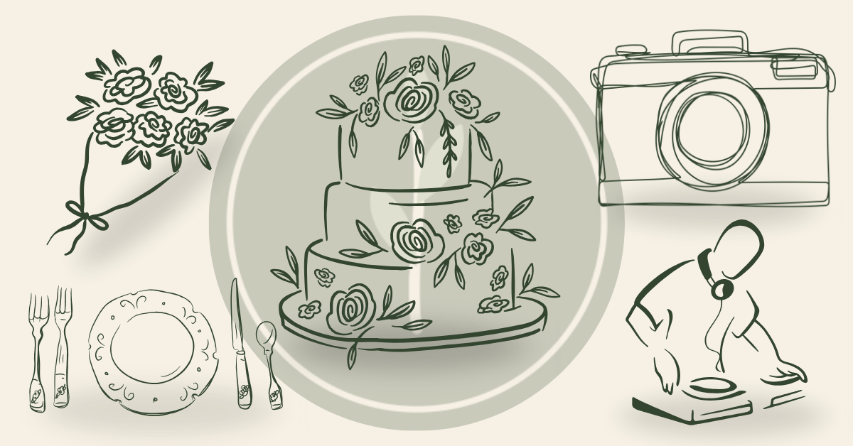 Sketch of a birthday celebration with a three-tiered cake decorated with flowers, a bouquet of flowers, a camera, a plate with utensils, a DJ or music setup, and a person wearing headphones