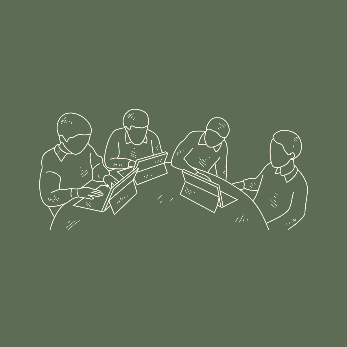 Four people sitting around a table, working on laptops, engaging in a discussion or collaborative work.