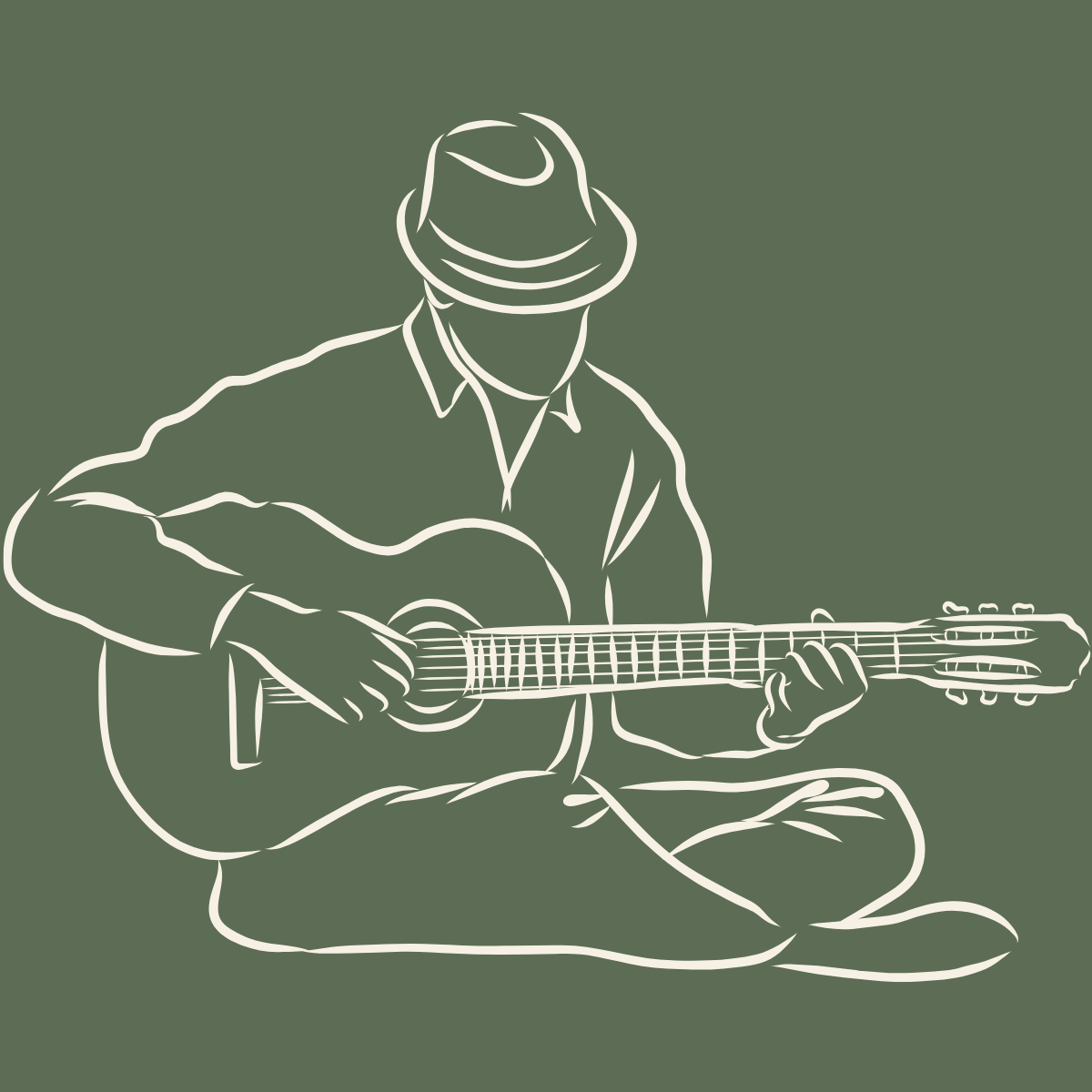 Line drawing of a person sitting cross-legged, playing an acoustic guitar, wearing a hat and a long-sleeved shirt, on a green background.