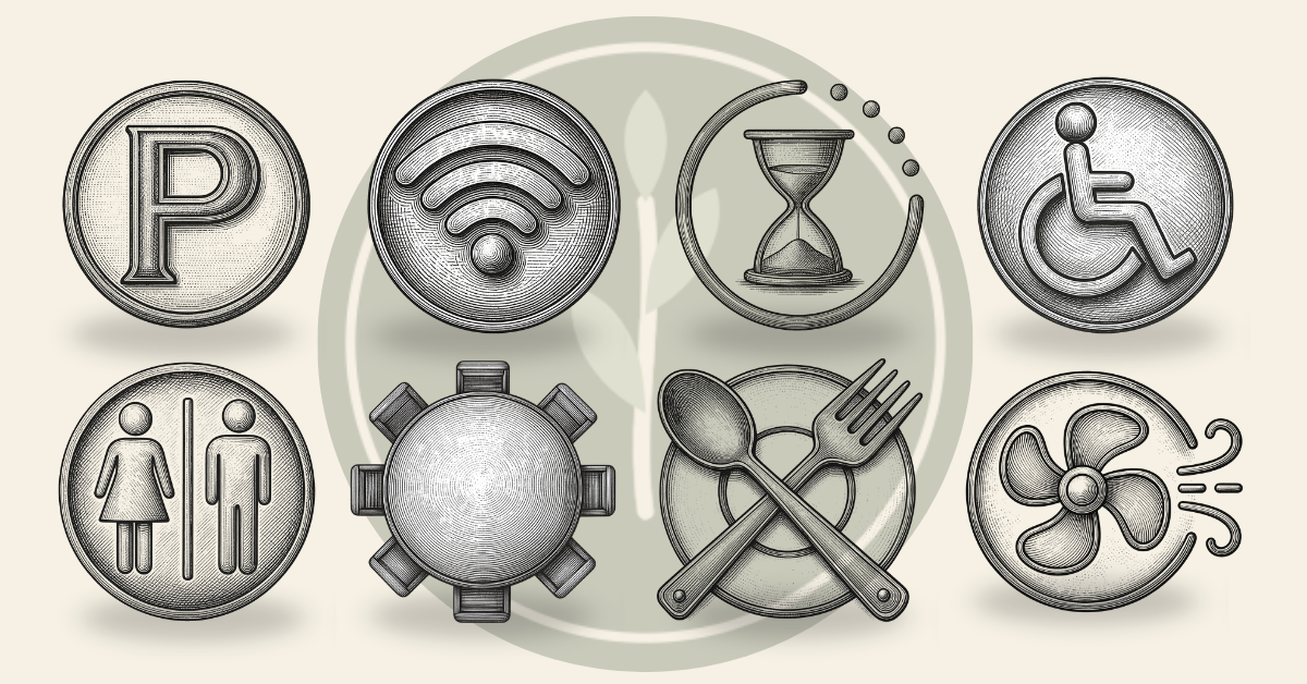 Set of black and white icons including parking, Wi-Fi, hourglass, handicapped, restrooms for men and women, meeting or conference table, utensils with plate, and fan.