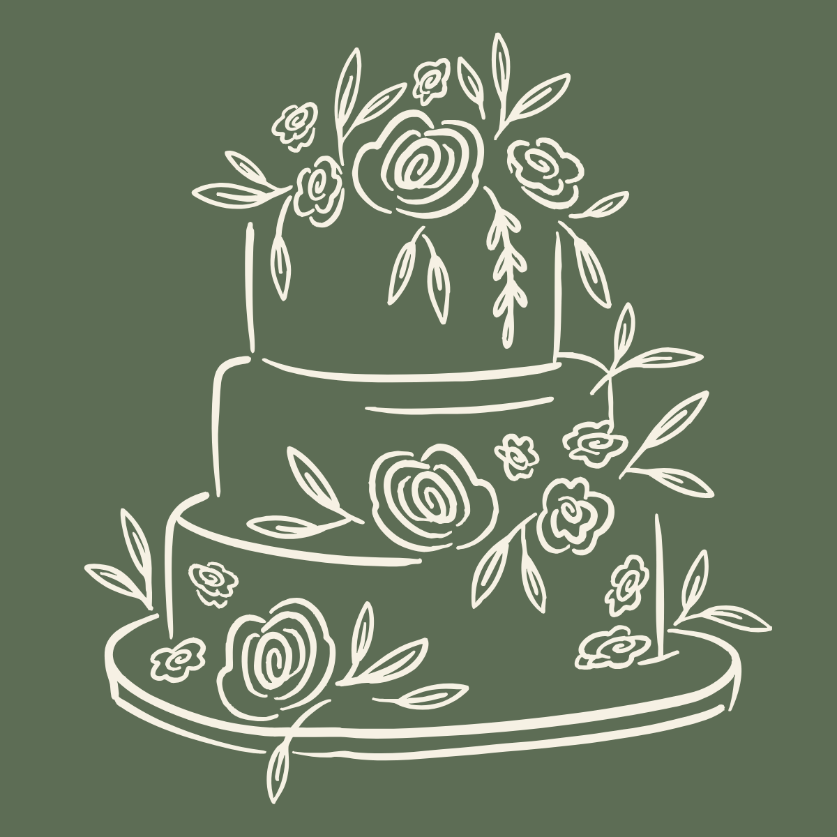 Line drawing of a multi-tiered wedding cake decorated with roses and leaves on a dark green background.