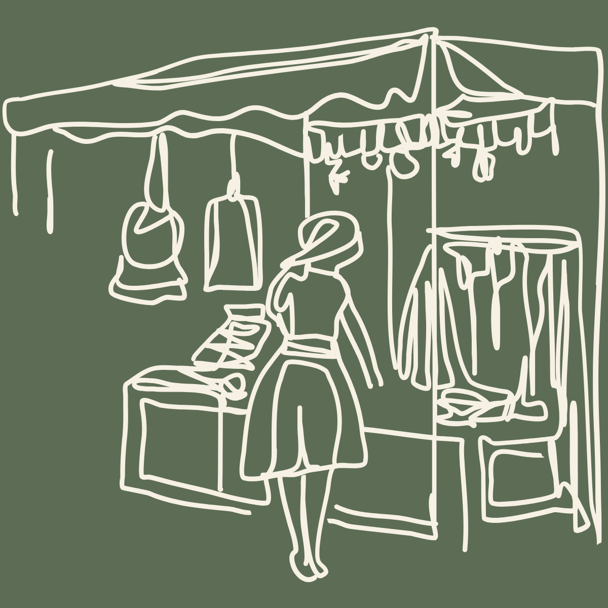 Line drawing of a person shopping at an outdoor market stall with hanging bags and clothing.