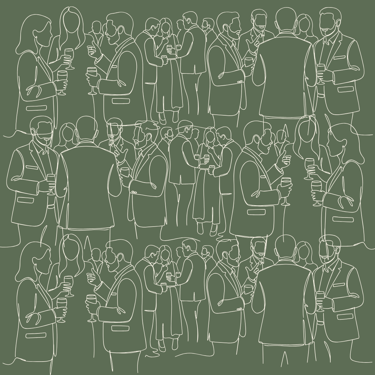 Outline of a group of people in business attire at a social networking event, holding drinks and engaging in conversation.