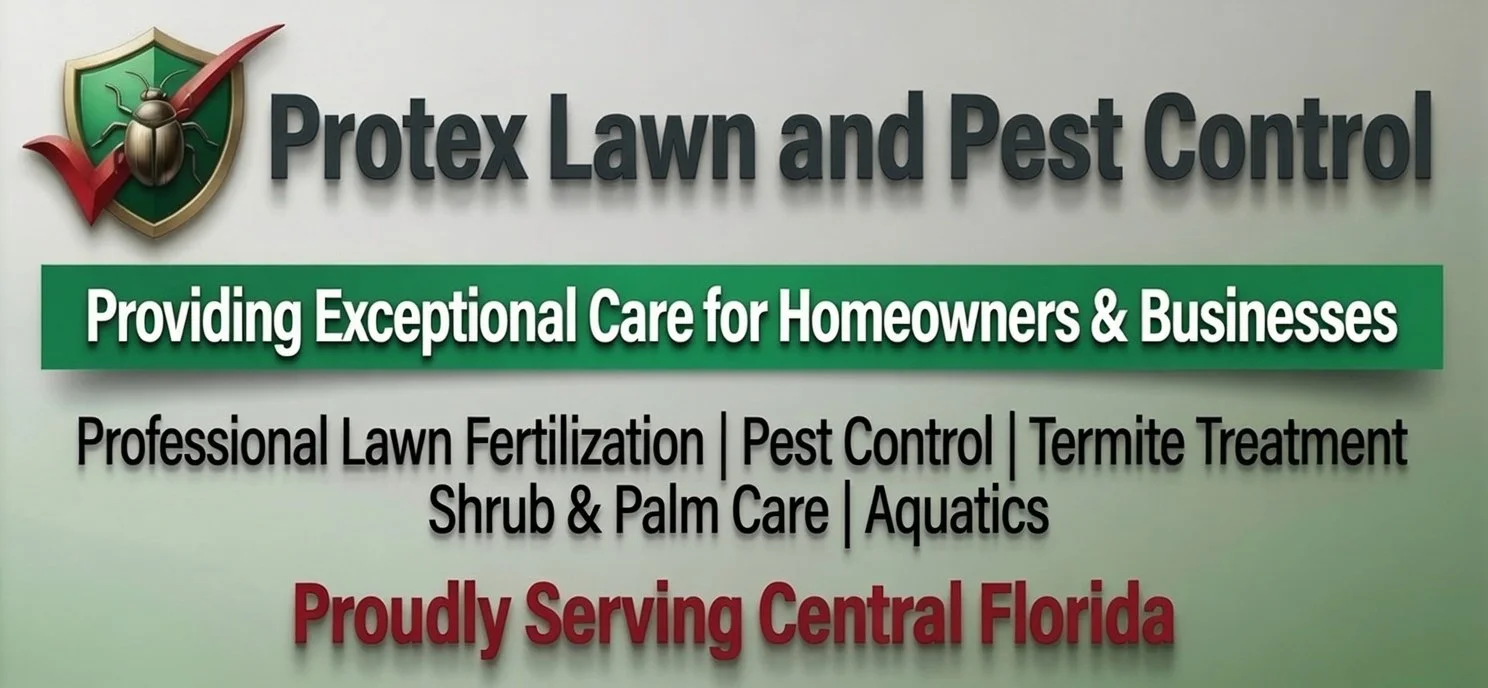 Sign for Protex Lawn and Pest Control with logo of a shield, a checkmark, and a bug, advertising lawn and pest services in Central Florida