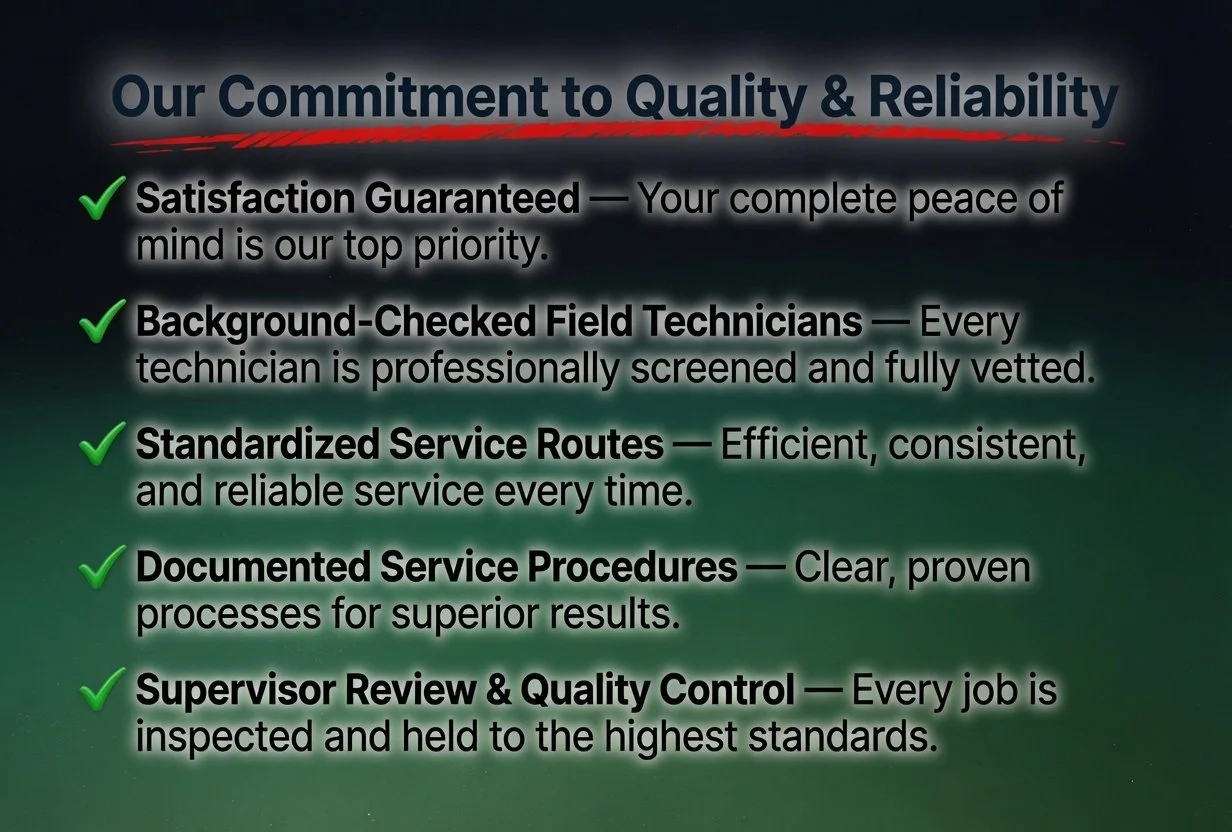 Text presentation titled "Our Commitment to Quality & Reliability" listing five points: Satisfaction Guaranteed with a green check mark, Background-Checked Field Technicians with a green check mark, Standardized Service Routes with a green check mark, Documented Service Procedures with a green check mark, and Supervisor Review & Quality Control with a green check mark. Each point is followed by descriptive text.