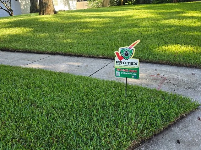 A lawn with a planted sign for PROTEX pest control, featuring the company's logo, contact number, and website, in a residential neighborhood.