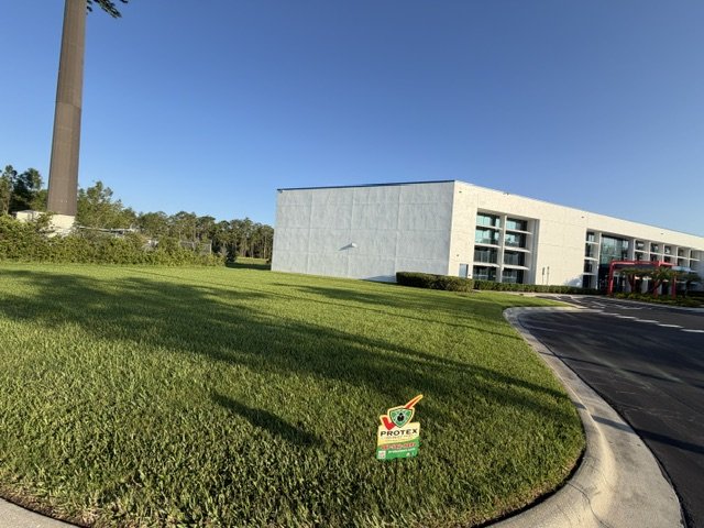 A modern white building with large windows, a sloped driveway, and a small sign on the lawn that says 'Protex' in bright colors, with a clear blue sky above.