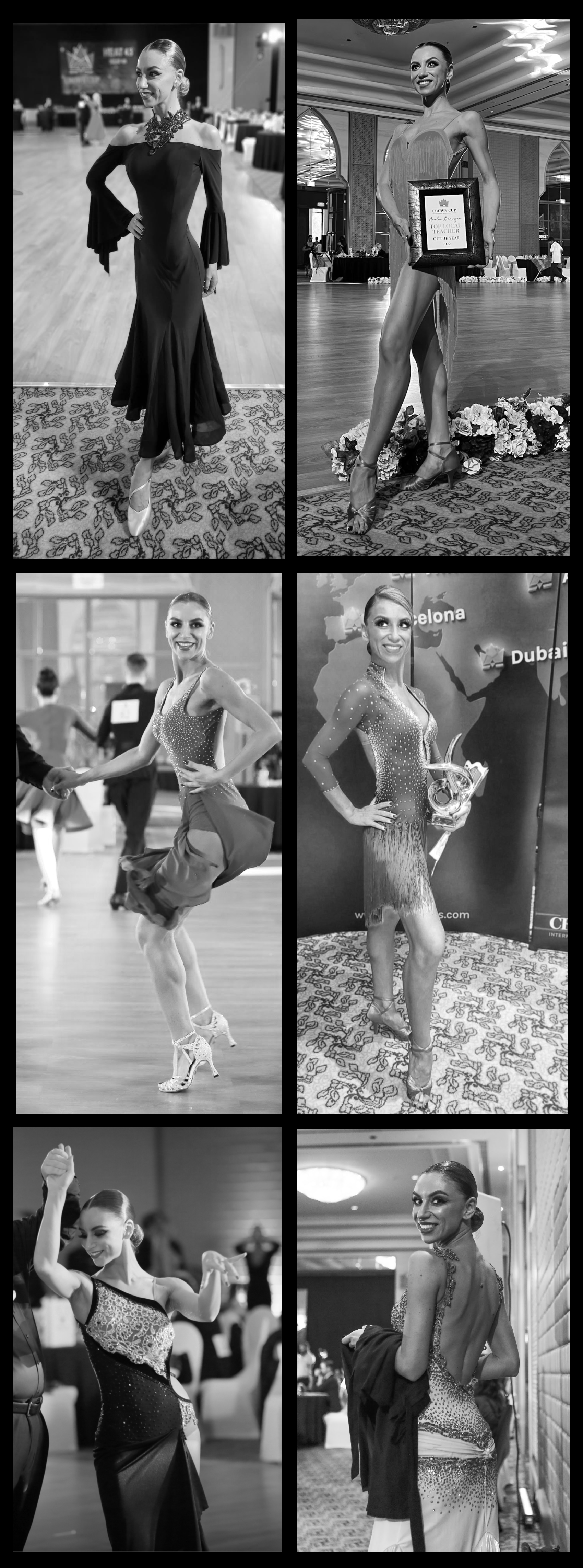 Series of black and white photos of women participating in ballroom dance and dance competitions at an indoor event.