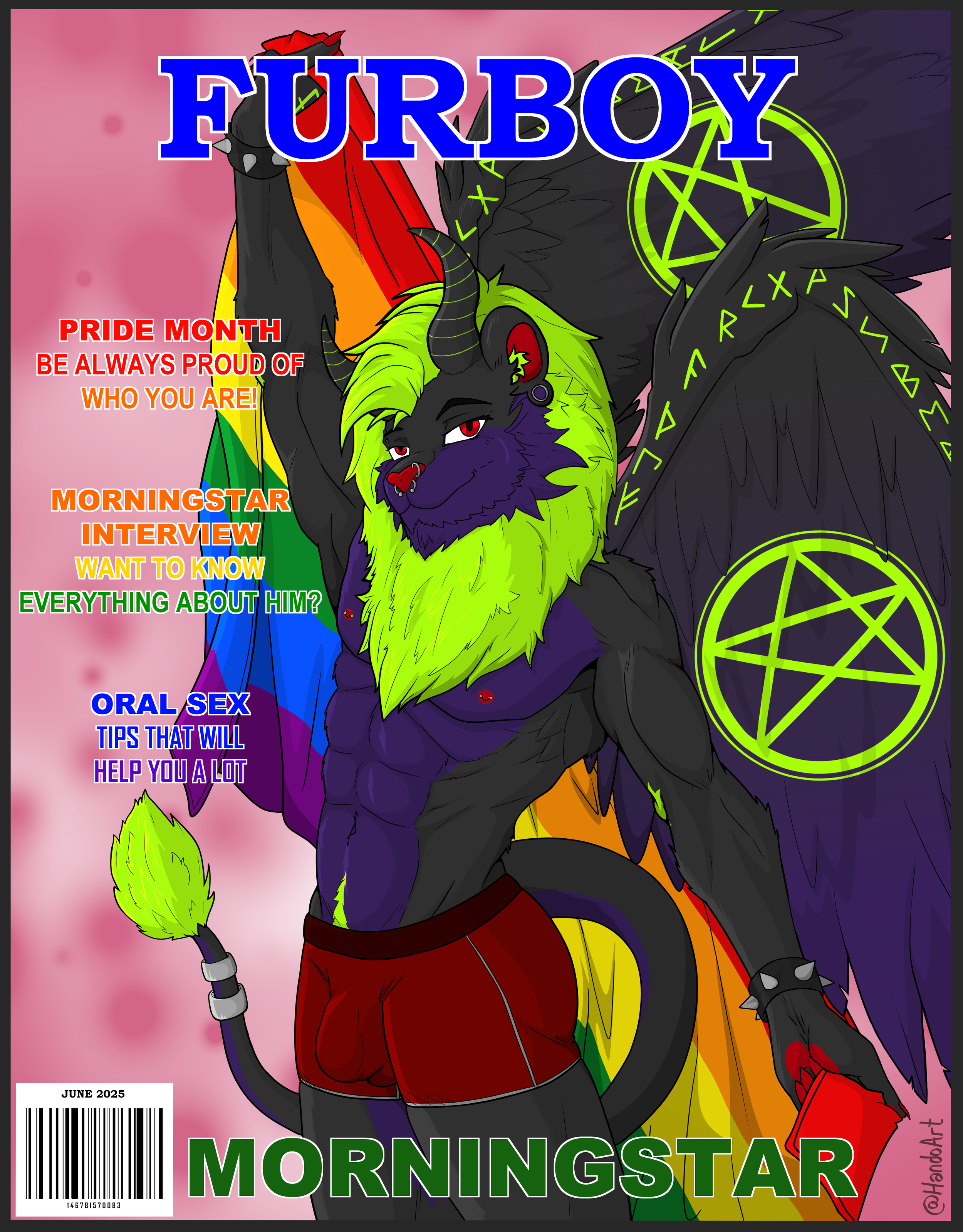 A colorful illustration of a fantasy creature with a lion's face, horns, and wings, surrounded by rainbow and LGBTQ+ pride symbols, with text promoting Pride Month content and tips about oral sex.