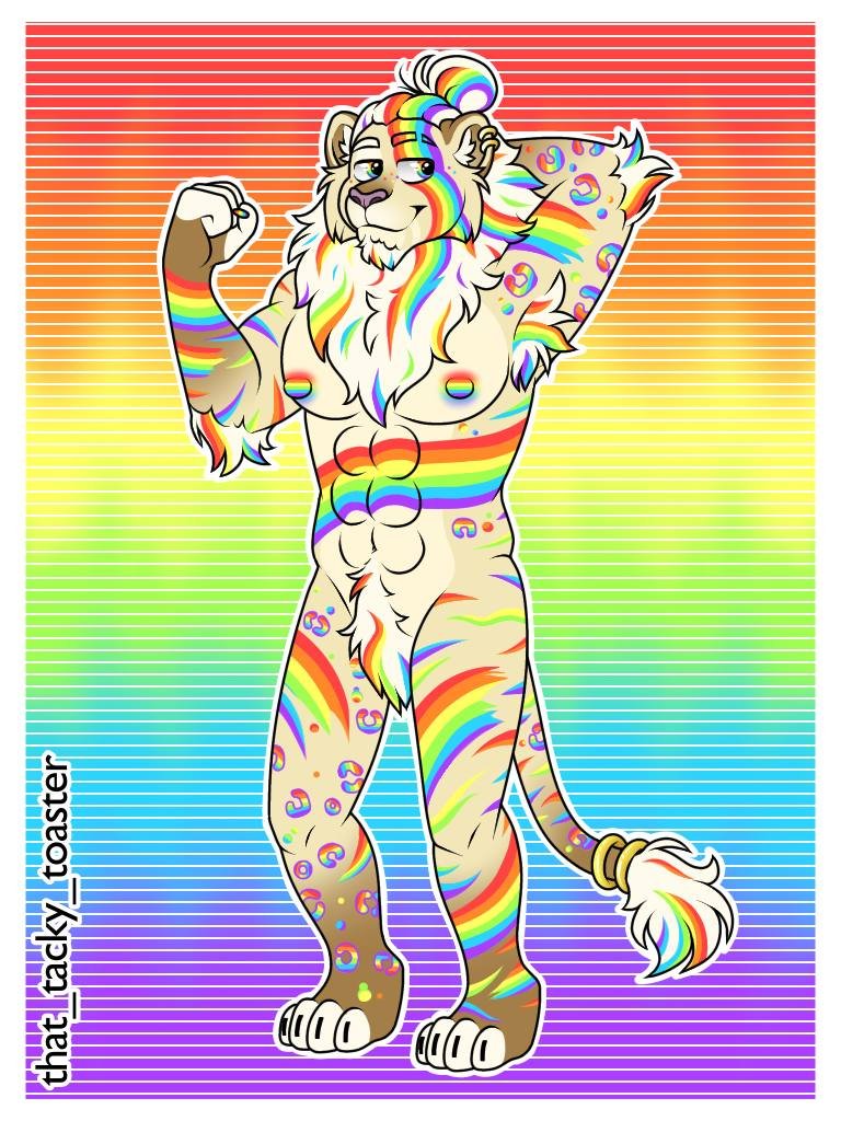 An anthropomorphic lion character with a rainbow-colored mane and tail, flexing its bicep, against a rainbow gradient background.