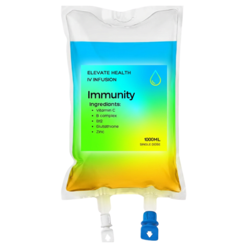 A packaged IV infusion bag labeled 'Immunity' with ingredients including Vitamin C, B complex, B12, Glutathione, and Zinc, produced by Elevate Health, with a capacity of 1000ml.