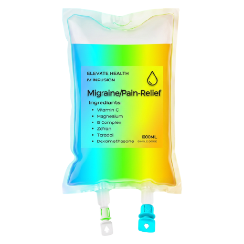 A colorful IV infusion bag labeled "Migraine/Pain-Relief" with ingredients listed, including Vitamin C, Magnesium, B Complex, Zofran, Toradol, and Dexamethasone, for pain relief. The bag has a gradient rainbow design.