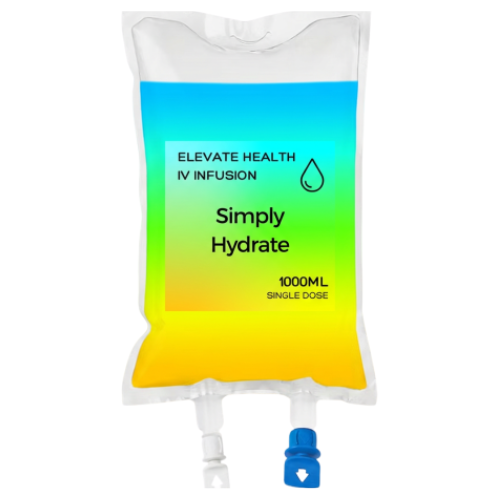 A medical IV hydration bag with a colorful gradient background, labeled "Elevate Health IV Infusion" and "Simply Hydrate," containing 1000ML of fluid for single dose.