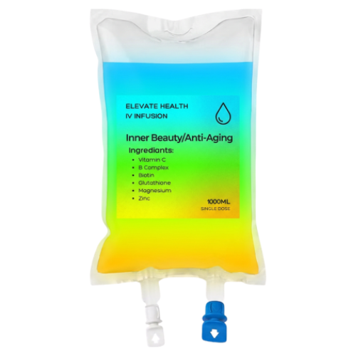 Infusion bag labeled 'Elevate Health Infusion' with a colorful gradient design featuring blue, green, and yellow sections, containing a liquid. The label states it is for inner beauty and anti-aging, listing ingredients like Vitamin C, B complex, Biotin, Glutathione, Magnesium, and Zinc. The bag has a single dose capacity of 1000ml.