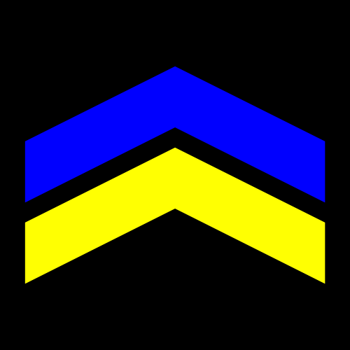 Two chevron-shaped arrows, one blue on top of a yellow one, pointing upwards.