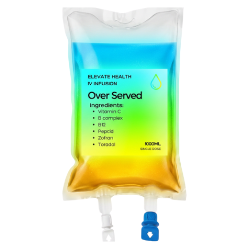 A bag of IV infusion fluid labeled 'Over Served' with ingredients including vitamin C, B complex, B12, pepcid, Zofran, and Toradol, in a gradient color scheme from blue at the top to yellow at the bottom.