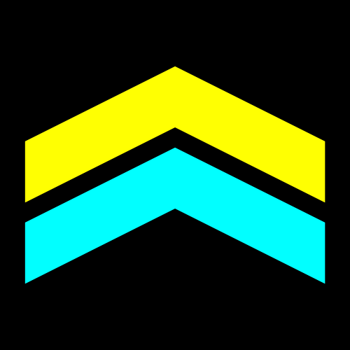 Two chevron-shaped arrows, one yellow above a cyan one, pointing upward on a black background.