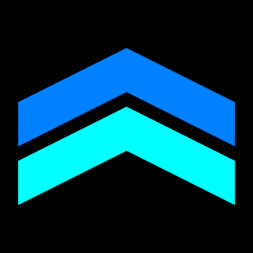 Two chevron-shaped arrows, one on top of the other, in shades of blue and a black background.