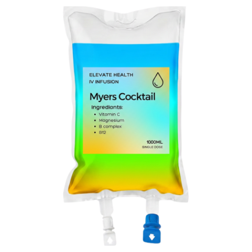 A bag of Myers Cocktail infusion with a blue and yellow gradient label showing ingredients like Vitamin C, magnesium, B complex, and B12, and a blue infusion port.