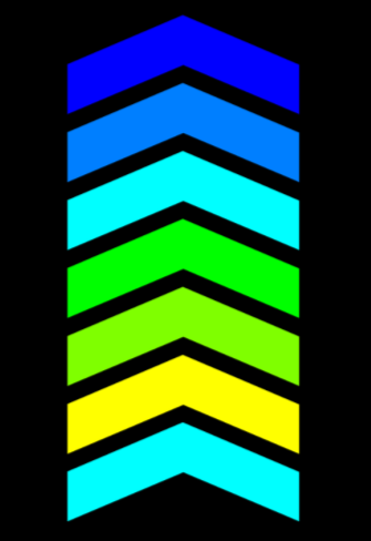 A vertical arrangement of seven arrow-shaped chevrons in different colors, pointing upward, with a black background. From top to bottom: blue, light blue, cyan, green, light green, yellow, and cyan again.