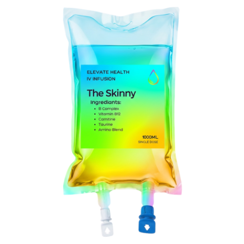 Colorful IV drip bag labeled "The Skinny" with ingredients listed, including B Complex, Vitamin B12, Caffeine, Taurine, and Amino Blend, containing 1000ml for single use.