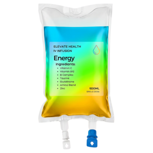 IV drip bag labeled 'Energy' with blue and green liquids, containing vitamins, B12, B complex, taurine, glutathione, amino blend, and zinc, with a capacity of 1000ml.