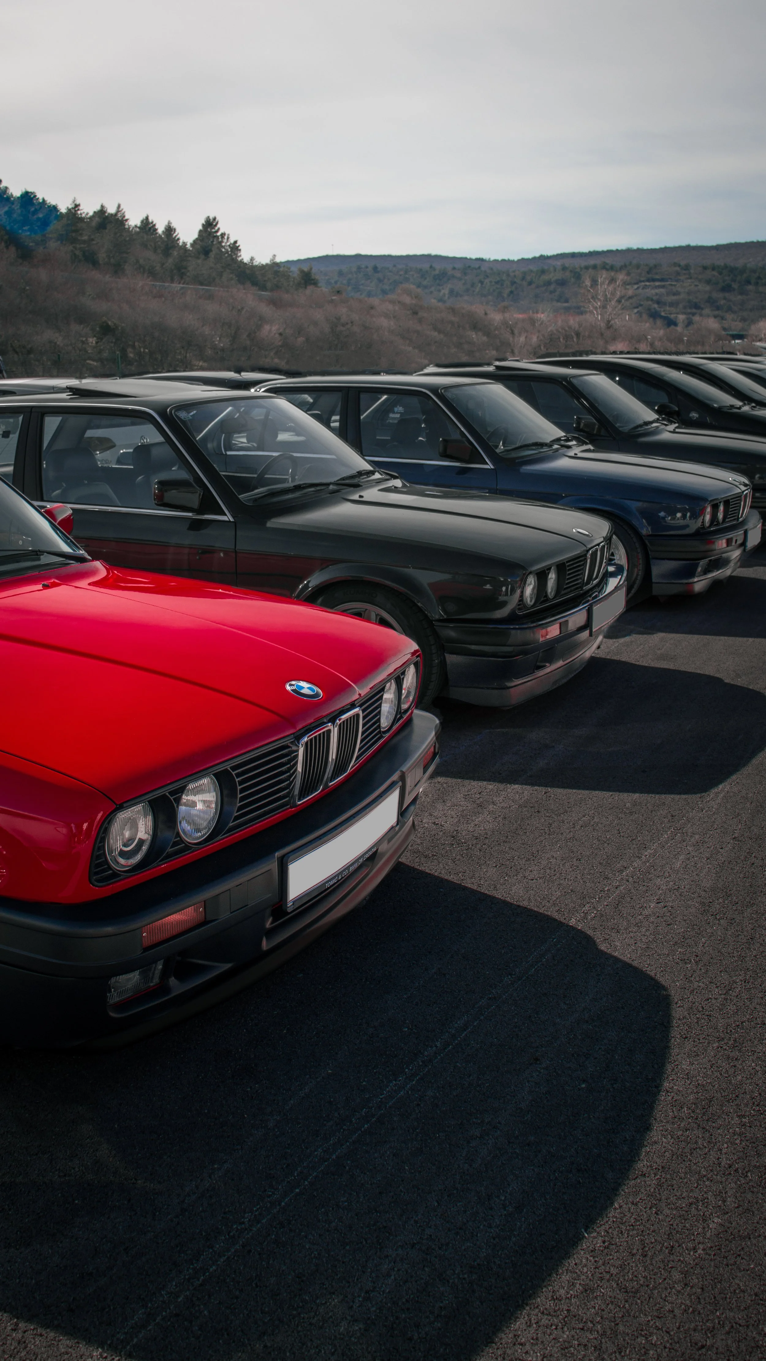 Crveni BMW E30 serije 3 na čelu reda parkiranih automobila na susretu automobila