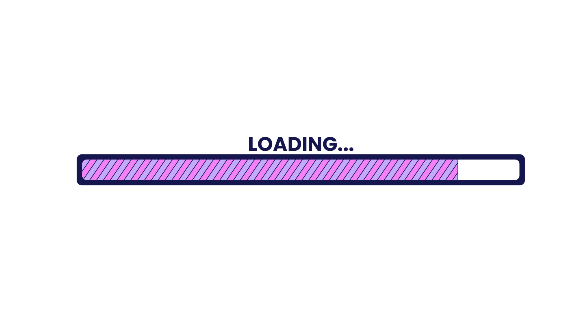 A progress bar with purple and pink diagonal stripes, partially filled, with the word "LOADING..." above it.