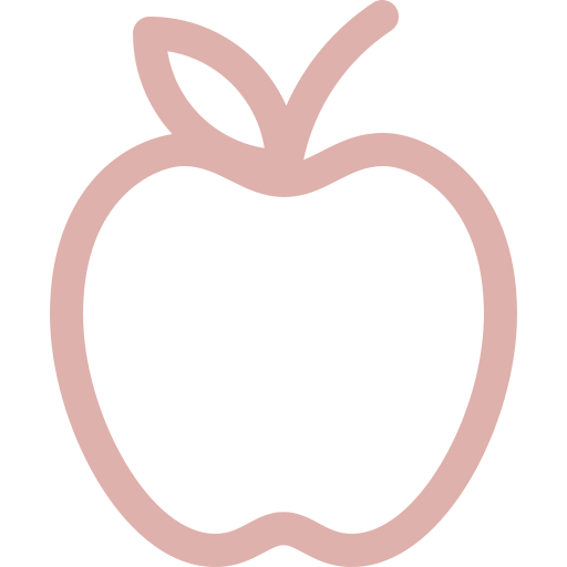 Outline of an apple with a leaf on top, in pink color.