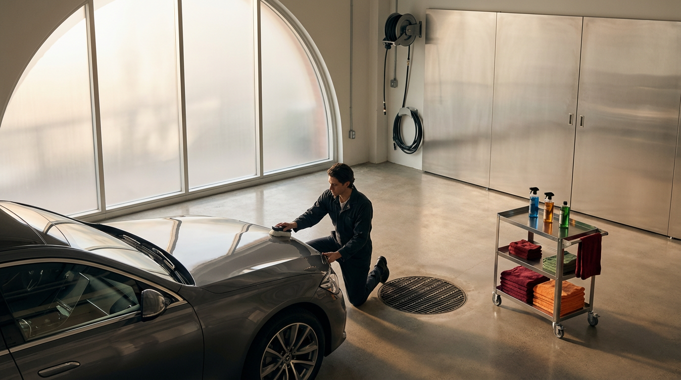 A man kneeling and cleaning a car inside a garage with large windows, a metal cabinet, and a cart with cleaning supplies and towels.