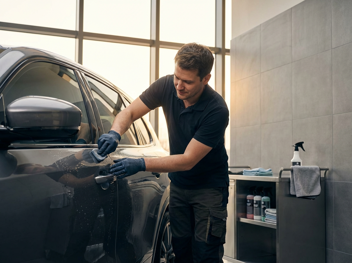 A man in a black polo shirt and gloves polishing a black car in a garage or auto service area.